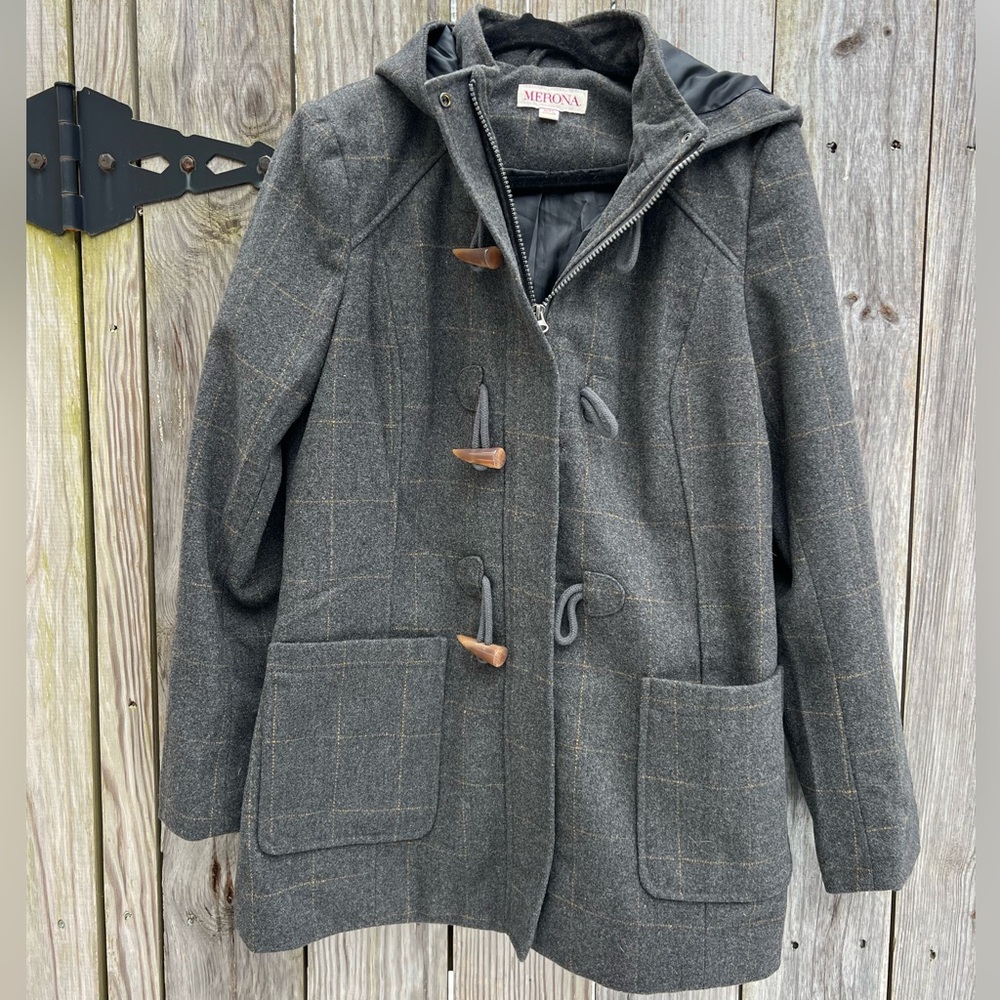MERONA Wool Duffle Coat Gray and Orange Plaid with Hood Women’s Medium
